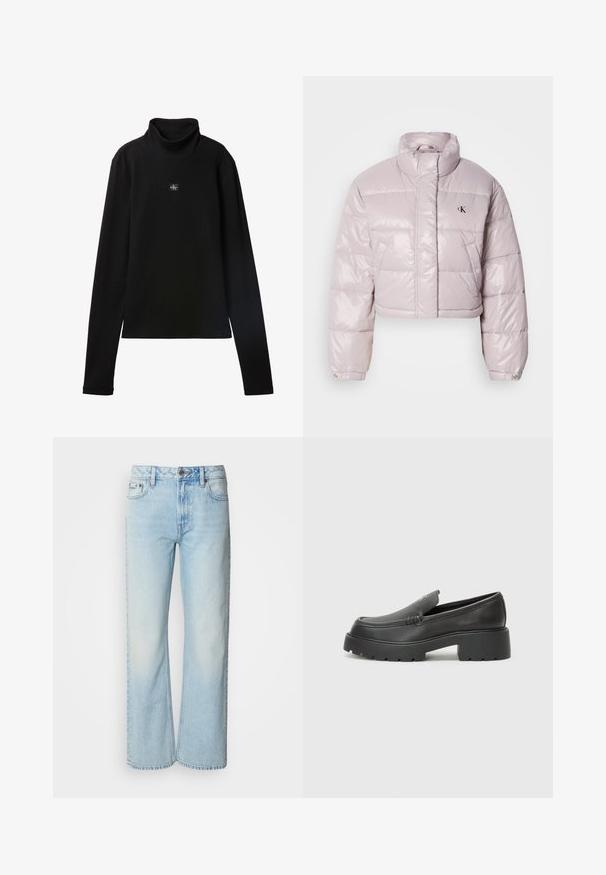 Chaqueta acolchada recortada en un tejido brillante de color rosa claro, con un collar alto, costuras diagonales y un pequeño logo negro en el pecho.; Top negro de cuello alto acanalado de manga larga con un pequeño parche cuadrado con el logo de Calvin Klein centrado en el pecho.; Vaqueros de pierna ancha azul claro confeccionados en denim, con un diseño clásico de cinco bolsillos y una sutil textura deslavada. La costura del denim es visible.; Mocasines de piel negra con punta redondeada, suela texturizada gruesa y mínimos detalles de costura. Diseño elegante sin cordones o herrajes visibles.