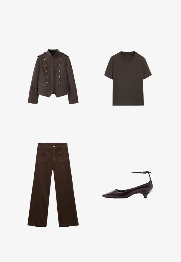 Donkerbruine jas in militaire stijl met hoge kraag, dubbele rij messing knopen, schouderepauletten en twee voorzakken met sleuven.; Donkerbruin T-shirt met korte mouwen, gemaakt van katoen. Heeft een ronde halslijn en een ontspannen pasvorm, zonder zichtbare patronen of accenten.; Bruine wijde jeans van denim, met een hoge taille, twee achterzakken en een voor knoopsluiting. Gladde textuur, rechte pasvorm.; Donkerbruine leren kittenheel schoenen met een spitse neus, een dunne enkelband en een kleine gouden gesp.
