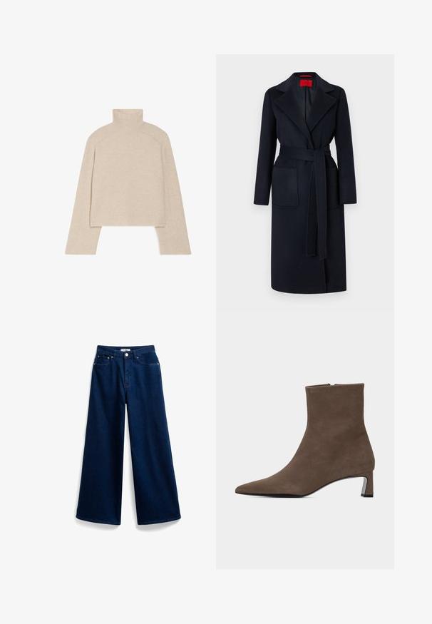 Lang sort uldfrakke med brede revers, bælte til at binde i taljen, to forlommer med påsyede lommer og rød indvendig mærkat.; Beige ribbet turtleneck sweater med lange ærmer og en tætsiddende design, der har en høj krave og et tekstureret strikkemønster.; Bredde ben mørkeblå denim jeans med høj talje, med standard fem-lomme design og en frontlukning med knapper. Glat tekstur.; Brun ruskindsankelstøvle med spids tå, sidelukning med lynlås og lav blokhæl på ensartet lys baggrund.