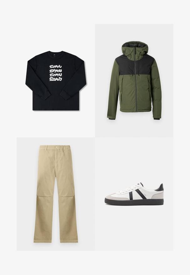 Chaqueta con capucha en verde oliva y negro, con cierre de cremallera, que presenta un cuerpo acolchado, capucha ajustable y puños elásticos. Textura suave.; Sudadera negra de manga larga con un logo gráfico blanco repetido en letras estilizadas en la parte delantera. Fabricada con un tejido suave.; Pantalones rectos beige con cierre de botón a presión, lazos para cinturón y detalles en la costura de la rodilla, dispuestos sobre un fondo blanco.; Zapatilla blanca con acentos en negro y gris, que presenta una puntera texturizada en gris, suela de goma negra y cordones planos blancos. Diseño limpio, estilo minimalista.
