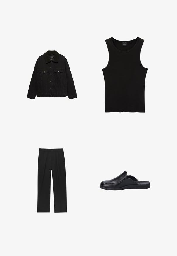 Schwarze Jeansjacke mit Knopfleiste, zwei Brusttaschen, Seitentaschen und einem schwarzen Sherpa-Kragen.; Schwarzes, geripptes Tanktop mit rundem Halsausschnitt und weiten Armausschnitten, aus einem weichen, dehnbaren Stoff. Marke: Pull&Bear.; Schwarze Hose mit geradem Schnitt, aus einem glatten Stoff gefertigt. Verfügt über Vorderfalten und einen einzelnen Knopfverschluss an der Taille.; Schwarzer Slipper aus Leder mit glatter Oberfläche, runder Zehenpartie und flexibler Gummisohle. Minimalistisches Design ohne Beschläge.