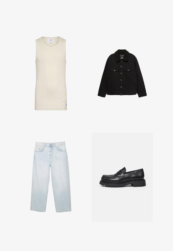 Veste en denim noir avec fermeture à boutons, deux poches poitrine, poches latérales et un col en sherpa noir.; Débardeur beige clair sans manches en tissu côtelé avec un col rond et une petite étiquette à l'ourlet. Design simple et ajusté.; Jean droit taille haute bleu clair avec bouton à l'avant, poches et petite étiquette métallique de marque sur la poche avant droite.; Mocassin en cuir noir avec semelle épaisse crantée et détail de bride penny, présenté en profil droit sur fond blanc.
