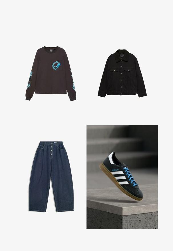 Veste en denim noir avec fermeture à boutons, deux poches poitrine, poches latérales et un col en sherpa noir.; Chemise noire à manches longues avec un graphique bleu de plongeur sous-marin et le texte « Marine Life Matters » sur la poche poitrine ainsi que des motifs marins bleus sur les manches.; Pantalons en denim bleu foncé à jambes larges avec une taille haute, fermeture à cinq boutons et cinq poches. Présente des accents de couture sur les coutures.; Baskets Adidas noires avec des rayures blanches, des lacets bleus et une semelle en gomme flottant au-dessus d'une marche en béton grise sous une lumière douce.