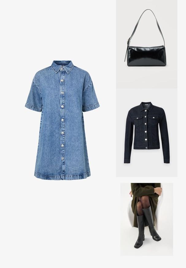 Veste en jean bleu foncé à manches longues, boutons argentés sur le devant et deux poches poitrine à rabat avec fermeture boutonnée.; Robe chemise en denim bleu à manches courtes avec col pointu et une rangée de boutons argentés à l'avant.; Bottes en cuir noires arrivant au genou, avec un bout carré et un talon carré, présentées sur un modèle assis dans un manteau vert olive. Texture lisse, détails minimaux.; Sac d'épaule rectangulaire noir avec une sangle réglable unique et une fermeture éclair supérieure sur un fond uni.