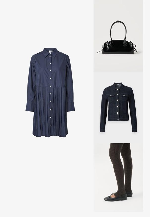 Donkerblauwe spijkerjas met lange mouwen, zilveren knopen aan de voorkant en twee borstzakken met klep en knoopsluiting.; Donkerblauwe shirtjurk met een kraag, lange mouwen, knoopsluiting aan de voorkant en een geplooide rok. Gemaakt van een zachte stof met een gestructureerd ontwerp.; Benen met donkere geribbelde leggings gecombineerd met zwarte ballerina's met kleine strikdetails op een witte achtergrond.; Kleine zwarte glanzende handtas met twee lange hengsels en zijkant trekkoord details op een effen lichte achtergrond.