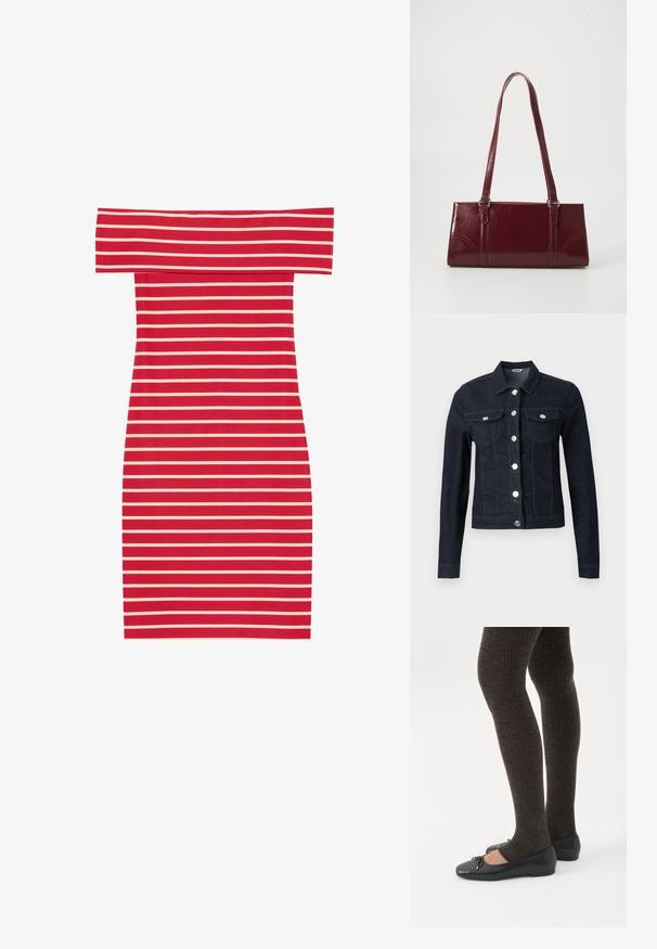 Veste en jean bleu foncé à manches longues, boutons argentés sur le devant et deux poches poitrine à rabat avec fermeture boutonnée.; Robe moulante à rayures rouges et blanches, décolletée sur les épaules, avec une forme ajustée et une texture côtelée. Présente des rayures horizontales sur l'ensemble.; Jambes portant des leggings côtelés foncés associés à des ballerines noires avec de petits détails en nœud sur fond blanc.; Sac à main bordeaux en matériau brillant, de forme rectangulaire, avec deux anses et des accents légèrement courbés à l'avant.