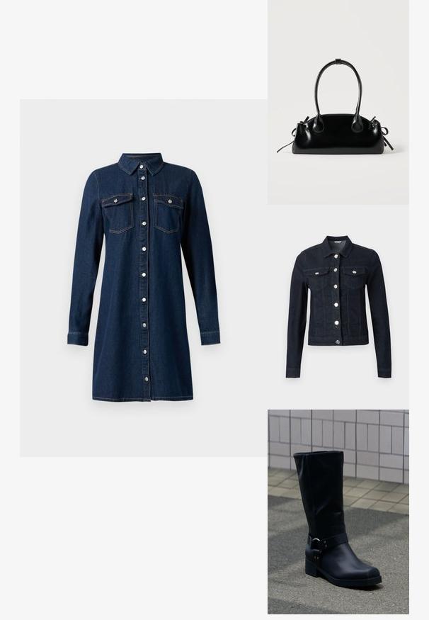 Dunkelblaue Jeansjacke mit langen Ärmeln, silbernen Knöpfen vorne und zwei Brustklappentaschen mit Knopfverschluss.; Dunkelblaues Denim-Hemdkleid mit langen Ärmeln und Kragen, silberne Druckknöpfe vorne und zwei Brusttaschen mit Klappen und Druckknöpfen.; Schwarzer Lederstiefel bis zur Mitte der Wade mit niedrigem Blockabsatz und dekorativem Riemen mit Metallschnalle um den Knöchel, auf einem gefliesten Gehweg.; Kleine schwarze glänzende Handtasche mit zwei langen Griffen und seitlichen Kordelzug-Details vor einfachem hellem Hintergrund.