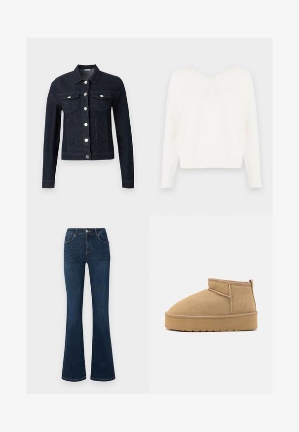 Dunkelblaue Jeansjacke mit langen Ärmeln, silbernen Knöpfen vorne und zwei Brustklappentaschen mit Knopfverschluss.; Weißer Strickpullover mit V-Ausschnitt und Spitzensaum. Verfügt über lange Ärmel, gerippte Bündchen und einen leicht gekürzten Saum. Weicher, strukturierter Stoff.; Dunkelblaue Jeans aus Denim mit mittelhohem Bund, Fünf-Taschen-Stil und ausgestellten Beinen, flach auf einem weißen Hintergrund liegend.; Beige Wildleder-Stiefeletten mit runder Zehenform, minimaler Nähte und einer hellbraunen Gummisohle mit strukturiertem Muster.