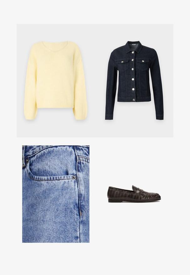Mørkeblå denimjakke med lange ærmer, sølvknapper foran og to brystlommer med klap og knaplukning.; JDY Knitted JDYDINEA Knitted - Striktrøje - pastel yellow; Lyseblå denim jeans med en struktureret overflade, der har en lille frontlomme, metalknap og synlige sømme langs kanterne.; Sorte læder loafers med et tekstureret, krokodillelignende mønster, en rund tå og en lille, flad hæl. Dekorativ bånd over toppen.
