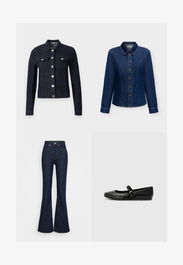 Donkerblauwe spijkerjas met lange mouwen, zilveren knopen aan de voorkant en twee borstzakken met klep en knoopsluiting.; Donkerblauw denim shirt met lange mouwen, knopen aan de voorkant en kraag, zichtbare stiksels en merklintje binnen in de hals.; Donkerblauwe hoge taille spijkerbroek met uitlopende pijpen, voor- en achterzakken, zilveren knoopsluiting en oranje stikdetails.; Zwarte leren balletschoenen met een ronde neus, een platte zool en een dunne verstelbare band over de wreef met een metalen gesp.