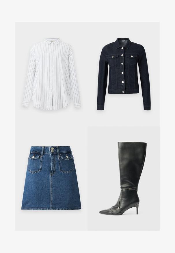 Mørkeblå denimjakke med lange ærmer, sølvknapper foran og to brystlommer med klap og knaplukning.; Hvid langærmet button-up skjorte med sorte lodrette striber og klassisk krave, præsenteret mod en ensfarvet baggrund.; Denim nederdel i dyb blå, med en tætsiddende talje, to forlommer, to baglommer og sølvfarvede knaplukninger.; Sorte knæhøje støvler i læder med en slank hæl, spids tå og remdetaljer ved anklen. Glat tekstur og tætsiddende design.