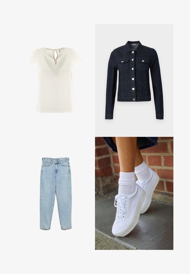 Veste en jean bleu foncé à manches longues, boutons argentés sur le devant et deux poches poitrine à rabat avec fermeture boutonnée.; Blouse blanche avec un décolleté en V et des manches courtes en dentelle. Le dos présente une ouverture en forme de goutte. Tissu léger et texture lisse.; Jean en denim bleu clair taille haute avec poches avant, passants pour ceinture, fermeture à boutons et jambes fuselées sur fond blanc.; Baskets en toile blanches avec semelles en caoutchouc, dotées de six œillets, d'un bout rond et de détails de couture légers, portées avec des chaussettes blanches mi-mollet.