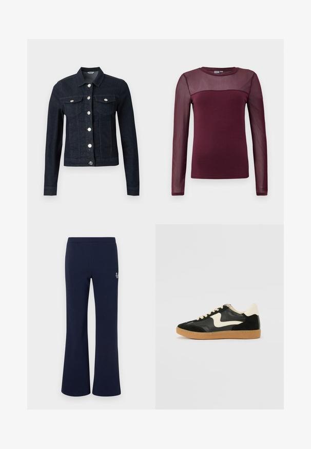 Veste en jean bleu foncé à manches longues, boutons argentés sur le devant et deux poches poitrine à rabat avec fermeture boutonnée.; Haut bordeaux à manches longues avec un corps uni et des manches en maille transparente. Encolure ronde avec une texture contrastante au niveau des épaules. Tissu léger.; Pantalon de jogging bleu marine à jambes droites avec taille élastique et petit logo blanc sur la cuisse supérieure.; Baskets en daim et cuir noir avec un swoosh latéral crème et un talon crème clair. Dotées de lacets beige et d'une semelle en caoutchouc gomme.