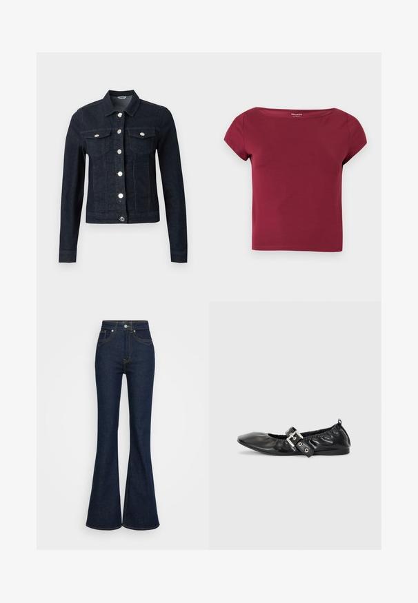 Donkerblauwe spijkerjas met lange mouwen, zilveren knopen aan de voorkant en twee borstzakken met klep en knoopsluiting.; Korte mouwen, effen bordeauxkleurige cropped top met een brede halslijn en gladde stof, getoond op een effen lichte achtergrond.; Donkerblauwe hoge taille spijkerbroek met uitlopende pijpen, voor- en achterzakken, zilveren knoopsluiting en oranje stikdetails.; Zwarte leren platte schoen met een spitse neus, geplooide details rond de opening en een zilveren gespaccentueerde verstelbare band.