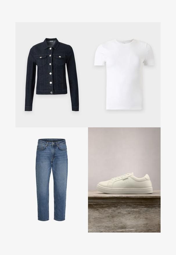 Dunkelblaue Jeansjacke mit langen Ärmeln, silbernen Knöpfen vorne und zwei Brustklappentaschen mit Knopfverschluss.; Schlichtes weißes Kurzarm-T-Shirt mit Rundhalsausschnitt vor einem hellgrauen Hintergrund.; Blaue Jeans aus Denim mit geraden Beinen, vorne Knopf- und Reißverschluss sowie vordere und hintere Taschen, vor weißem Hintergrund dargestellt.; Weißer Leder-Sneaker mit Schnürsenkeln schwebt über einer hölzernen Bank, im Hintergrund ist das grüne hohe Gras unscharf zu sehen.