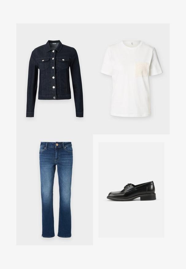 Dunkelblaue Jeansjacke mit langen Ärmeln, silbernen Knöpfen vorne und zwei Brustklappentaschen mit Knopfverschluss.; Weißes T-Shirt mit kurzen Ärmeln, rundem Hals und einer strukturierten cremefarbenen Spitzen-Tasche auf der linken Brustseite.; Blaue Jeans aus Denim mit leichtem Ausbleichen an den Oberschenkeln, vorn mit Knopf- und Reißverschluss, im Fünf-Taschen-Stil und geradem Bein.; Schwarze Leder-Dressschuhe mit glatter Textur, abgerundetem Zehenbereich, zwei Ösen-Schnürung und einem stabilen Blockabsatz. Einfaches Design ohne Muster.