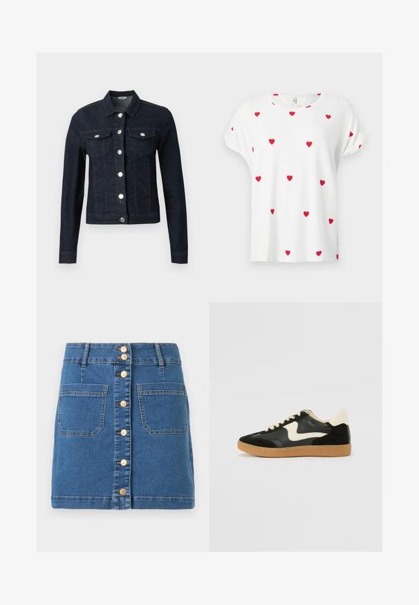 Veste en jean bleu foncé à manches longues, boutons argentés sur le devant et deux poches poitrine à rabat avec fermeture boutonnée.; Chemise blanche à manches courtes avec col rond, décorée de petits motifs de cœurs rouges uniformément espacés sur le devant et les manches.; Mini-jupe en denim bleu avec fermeture à boutons sur le devant et deux grandes poches plaquées, dotée de passants de ceinture et de coutures contrastantes.; Baskets en daim et cuir noir avec un swoosh latéral crème et un talon crème clair. Dotées de lacets beige et d'une semelle en caoutchouc gomme.