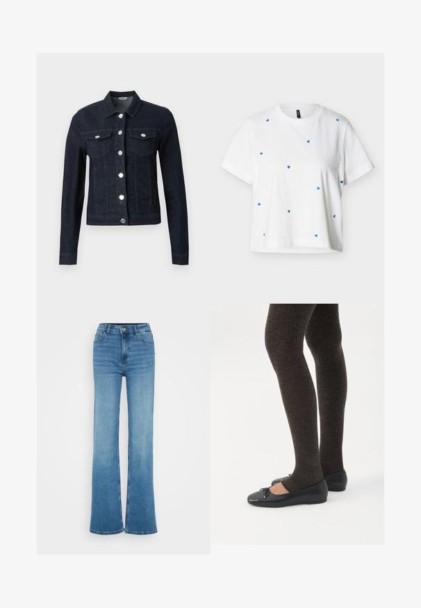 Mørkeblå denimjakke med lange ærmer, sølvknapper foran og to brystlommer med klap og knaplukning.; Hvid T-shirt med korte ærmer og rund halsudskæring, med små blå hjerteprint spredt over forsiden og ærmerne.; Lys blå cowboybukser med høj talje, vide ben, knaplukning foran, lynlås og lommer foran og bagpå.; Ben iført mørke ribbede leggings kombineret med sorte balletsko med små sløjfedetaljer på hvid baggrund.
