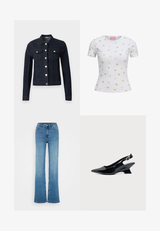 Dunkelblaue Jeansjacke mit langen Ärmeln, silbernen Knöpfen vorne und zwei Brustklappentaschen mit Knopfverschluss.; Weißes, figurbetontes T-Shirt mit kurzen Ärmeln, kleinem gelbem Blumenprint und dezentem vertikalem Muster, rundem Ausschnitt und kleinem Schleifendetail vorne.; Hellblaue Jeans mit hoher Taille, weiten Beinen, Knopf- und Reißverschluss vorne sowie Taschen vorne und hinten.; Schwarzer Slingback-Schuh aus Lackleder mit spitzer Spitze und niedrigem, schrägem Blockabsatz auf einfachem hellem Hintergrund.