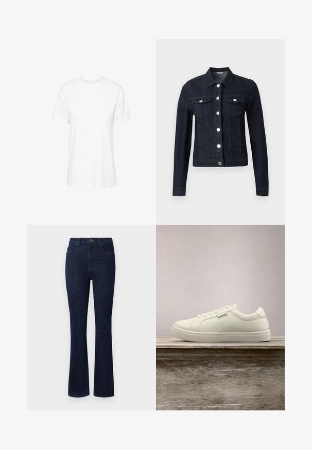 Dunkelblaue Jeansjacke mit langen Ärmeln, silbernen Knöpfen vorne und zwei Brustklappentaschen mit Knopfverschluss.; Weißes Baumwoll-T-Shirt mit kurzen Ärmeln, Rundhalsausschnitt und legerem Schnitt, mit glatter Textur und ohne sichtbare Muster.; Dunkelblaue Jeans aus Denim mit einem ausgestellten Bein-Design, fünf Taschen und einem Knopfverschluss an der Taille. Glatte Textur mit minimaler Näharbeit.; Weißer Leder-Sneaker mit Schnürsenkeln schwebt über einer hölzernen Bank, im Hintergrund ist das grüne hohe Gras unscharf zu sehen.