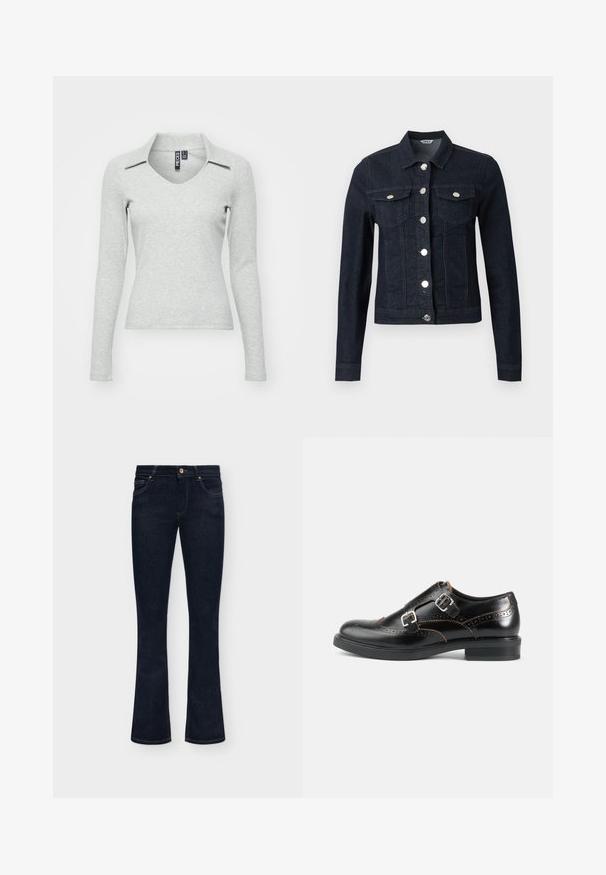 Veste en jean bleu foncé à manches longues, boutons argentés sur le devant et deux poches poitrine à rabat avec fermeture boutonnée.; Haut gris clair à manches longues, en V avec col, fabriqué dans un tissu doux et texturé, présentant une coupe ajustée et un minimum de détails.; Jean en denim bleu foncé avec une taille mi-haute, un bouton sur le devant et un léger évasement en bas sur un fond uni.; Chaussure noire en cuir à double bride de moine avec perforations brogue, boucles argentées et talon bas sur fond blanc.