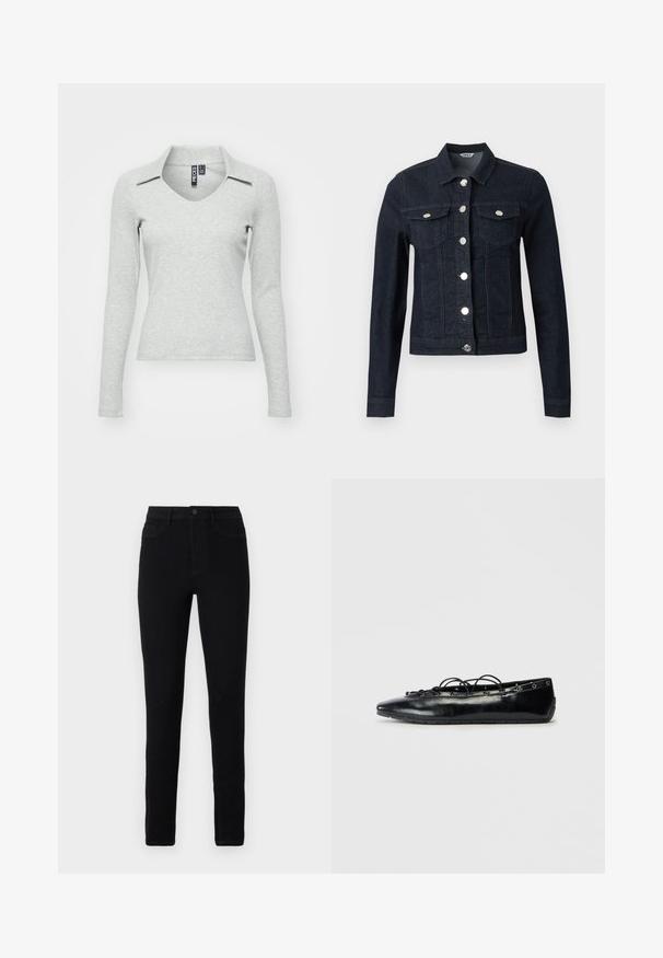 Veste en jean bleu foncé à manches longues, boutons argentés sur le devant et deux poches poitrine à rabat avec fermeture boutonnée.; Haut gris clair à manches longues, en V avec col, fabriqué dans un tissu doux et texturé, présentant une coupe ajustée et un minimum de détails.; Jean skinny en denim noir avec taille haute, cinq poches, une fermeture éclair sur le devant et des coutures contrastées subtiles le long des coutures.; Bottine plate noire à bout pointu avec un laçage à l'avant et des œillets le long des bords, présentée sur un fond blanc.