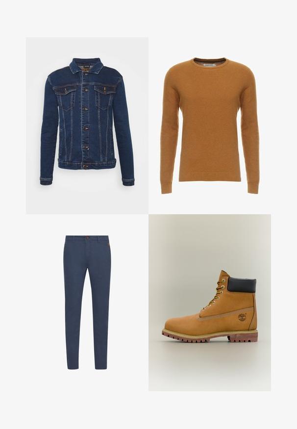 Denim Project DPMKASH DENIM JACKET - Denimová bunda - dark blue; Horčičovožltý sveter s okrúhlym výstrihom, dlhými rukávmi a textúrovaným pleteným vzorom. Žebrované manžety a lem, vyrobený z jemnej látky.; Námornícky modré bavlnené nohavice so slim fit strihom, s hnedým gombíkom, prednými vreckami a jednoduchým šitím. Hladký povrch, bez viditeľných vzorov.; Hnedá kožená členková členková obuv s čiernym golierom, žltými šnúrkami a béžovou podrážkou. Má logo a biele prešívanie. Hrubá podrážka s dobrým záberom.