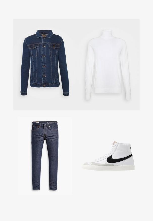 Denim Project DPMKASH DENIM JACKET - Cowboyjakker - dark blue; Hvid turtleneck sweater med lange ærmer, lavet af glat stof. Har et tætsiddende design og ribbede manchetter og kant. Ingen mønstre eller accenter.; Mørkeblå slim-fit Levi's Performance jeans med fem lommer og synlig syning på hvid baggrund.; Hvide høje sneakers med et sort swoosh, struktureret grå tåhætte og flad hvid sål. Har seks snørrehuller og syede detaljer.