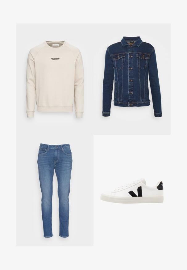 Denim Project DPMKASH DENIM JACKET - Spijkerjas - dark blue; Crème-kleurige sweatshirt met raglanmouwen, ribgebreide manchetten en zoom. Bevat een zwart tekstlogo aan de voorkant. Zacht, geweven stof.; Blauwe denim jeans met een slanke pasvorm, voorzien van een sluiting met een vooraan gelegen knop en rits, vijf zakken en subtiele vervagingen door de stof.; Witte leren sneaker met zwarte suède accenten; voorzien van een rubberen zool, ronde neus en een klassieke vetersluiting. Zijkant met logo in het zwart.