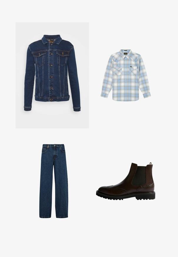 Denim Project DPMKASH DENIM JACKET - Chaqueta vaquera - dark blue; Camisa de manga larga con botones, con patrón de cuadros en azul, blanco y beige, dos bolsillos en el pecho con solapas y botones, y un cuello.; Vaqueros de mezclilla en azul oscuro, con un corte de pierna ancha, diseño de cinco bolsillos y un cierre clásico de botón con cremallera de metal.; Scarosso KEITH - Botines - brown calf