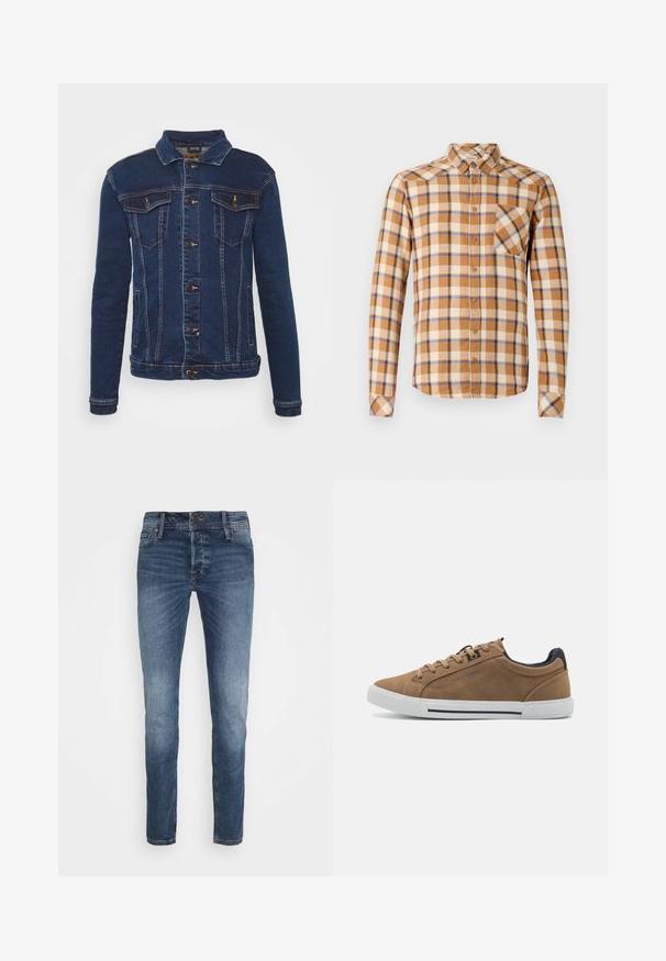 Denim Project DPMKASH DENIM JACKET - Cowboyjakker - dark blue; Skjorte i ternet design med brun, creme og blå farver, med knapkrave, lange ærmer og en brystlomme med skrå snit.; Herre slim-fit blå denim jeans med falmet vask, frontknap, lynlåslukning og fem-lomme design.; Brune ruskinds sneakers med beige snørebånd, hvid gummisål og en mørkeblå hælaccent. Har syede detaljer og et afslappet design.