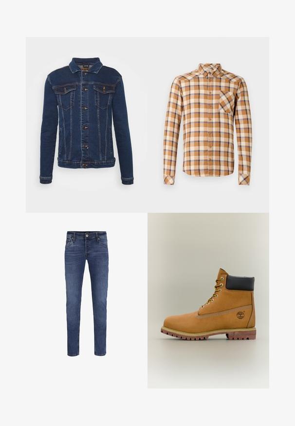 Denim Project DPMKASH DENIM JACKET - Cowboyjakker - dark blue; Skjorte i ternet design med brun, creme og blå farver, med knapkrave, lange ærmer og en brystlomme med skrå snit.; Slim-fit blå denim jeans til mænd med knap- og lynlåslukning, for- og baglommer samt subtile blege detaljer.; Brun læderankelstøvle med sort krave, gule snørebånd og tanfarvet sål. Har logo og hvide syninger som detalje. Robust ydersål med greb.