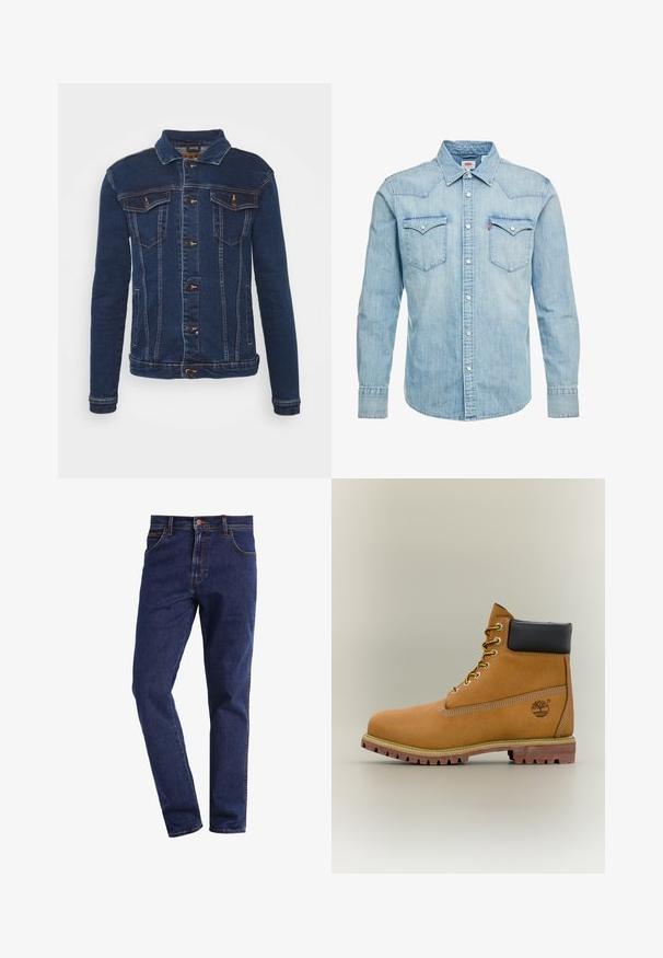 Denim Project DPMKASH DENIM JACKET - Jeansjacke - dark blue; Levi's® BARSTOW WESTERN STANDARD - Hemd - red cast stone; Dunkelblaue gerade geschnittene Denim-Jeans mit Vordertaschen, Knopfverschluss, Gürtelschlaufen und sichtbaren Nähten.; Brauner Leder-Stiefelette mit schwarzem Kragen, gelben Schnürsenkeln und hellbrauner Sohle. Verfügt über ein Logo und weiße Ziernähe. Robuste Profilsohle.