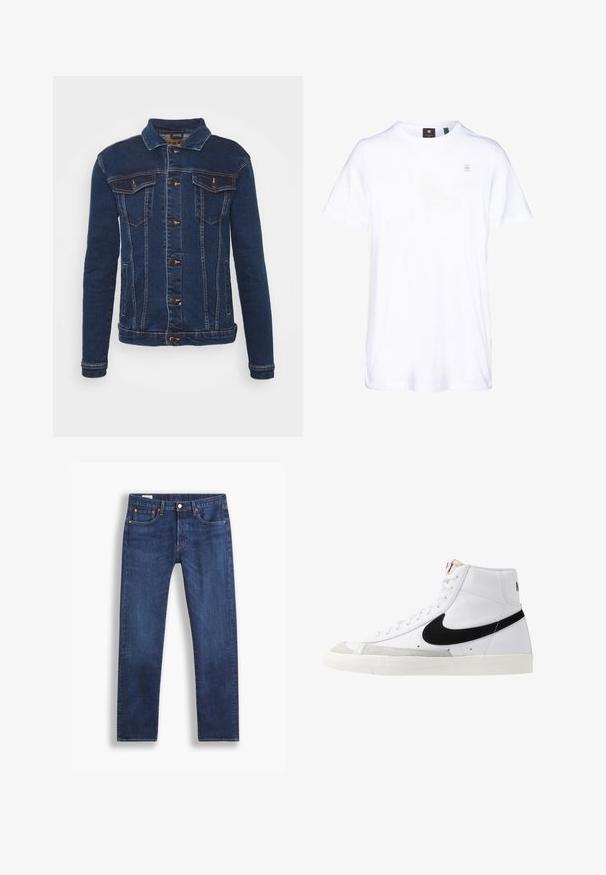 Denim Project DPMKASH DENIM JACKET - Veste en jean - dark blue; T-shirt en coton blanc avec des manches courtes, col rond et logo subtil sur la poitrine. Texture douce et coupe standard. Design simple sans motifs.; Jean droit bleu marine avec un style classique à cinq poches et fermeture à bouton, présenté sur fond blanc.; Baskets montantes blanches avec un swoosh noir, un capuchon de pied texturé gris et une semelle plate blanche. Elles possèdent six œillets et des accents cousus.