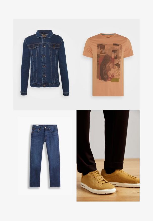 Denim Project DPMKASH DENIM JACKET - Veste en jean - dark blue; T-shirt en coton couleur pêche avec un imprimé graphique présentant des formes abstraites et du texte en marron, vert et blanc, col rond, manches courtes.; Jean droit bleu marine avec un style classique à cinq poches et fermeture à bouton, présenté sur fond blanc.; Baskets jaunes à côtes avec semelles blanches, dotées d'un bout rond, d'un design lacé et d'une surface texturée, portées avec un pantalon noir retroussé sur un sol en bois.