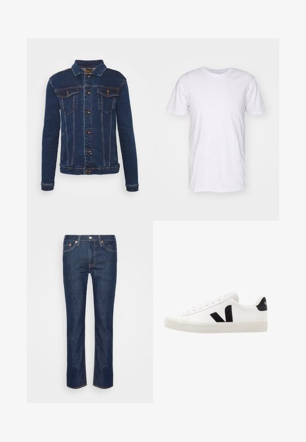 Denim Project DPMKASH DENIM JACKET - Cowboyjakker - dark blue; Selected SLHASPEN SLUB TEE - T-shirts basic - bright white; Mørkeblå lige ben denim jeans med orange søm, fem lommer og en frontknap samt lynlås.; Hvide lædersneakers med sorte ruskindsdetaljer; har en gummisål, rund tå og klassisk snørebåndsdesign. Side logo i sort.