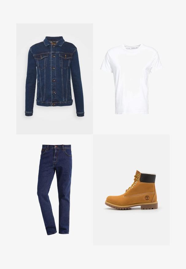 Denim Project DPMKASH DENIM JACKET - Jeansjacke - dark blue; Weißes Baumwoll-T-Shirt mit rundem Ausschnitt und kurzen Ärmeln, im klassischen Schnitt und mit glatter Textur. Keine sichtbaren Muster oder Hardware.; Dunkelblaue gerade geschnittene Denim-Jeans mit Vordertaschen, Knopfverschluss, Gürtelschlaufen und sichtbaren Nähten.; Braune Leder-Ankle-Boots mit Metallösen, weißem Kunstfellfutter, schwarzem gepolstertem Kragen, robustem Sohlenprofil und geprägtem Logo an der Seite.
