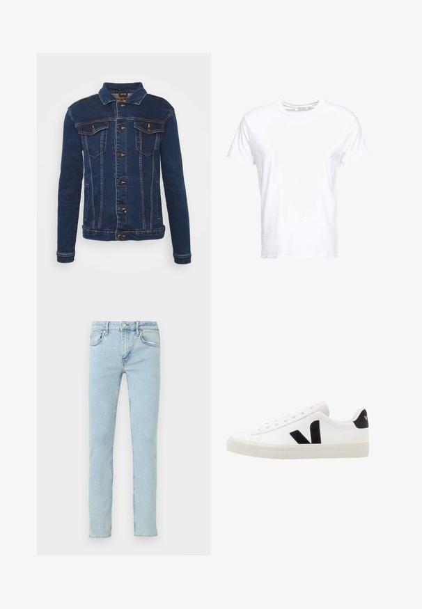 Denim Project DPMKASH DENIM JACKET - Cowboyjakker - dark blue; Hvid bomulds t-shirt med rund halsudskæring og korte ærmer, i en klassisk pasform og glat tekstur. Ingen mønstre eller hardware synlige.; Lyseblå denimjeans med lige ben, der har fem lommer, diskret falmning og klassiske syningsdetaljer.; Hvide lædersneakers med sorte ruskindsdetaljer; har en gummisål, rund tå og klassisk snørebåndsdesign. Side logo i sort.