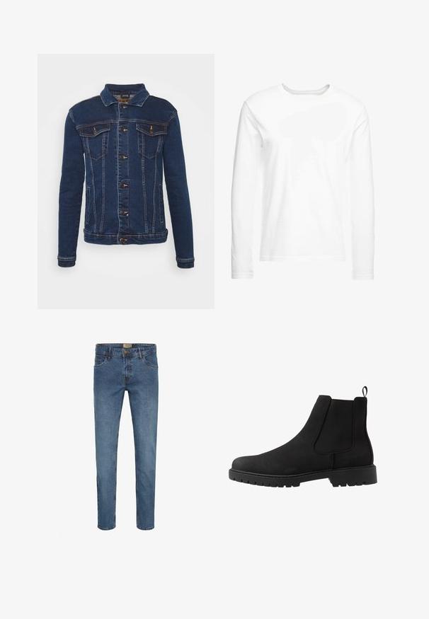 Denim Project DPMKASH DENIM JACKET - Spijkerjas - dark blue; Langsleeve witte t-shirt gemaakt van zachte katoen. Ronde halslijn met rechte zoom en geen zichtbare patronen of graphics.; Blauwe denim jeans met een slim fit, vijf zakken, een knoop- en ritssluiting en contrasterende stiksels. Gladde textuur met een vervaagd uiterlijk.; Pier One UNISEX - Lage laarzen - black