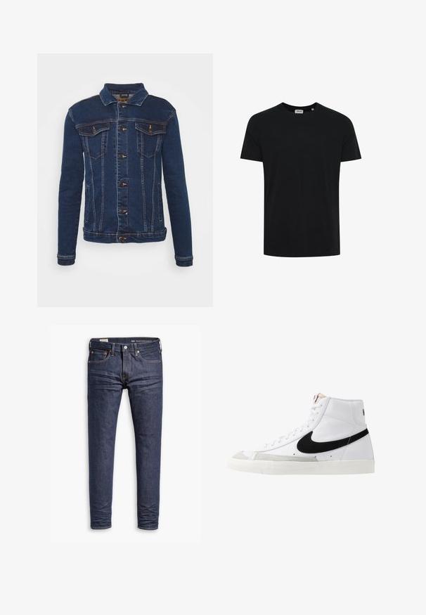 Denim Project DPMKASH DENIM JACKET - Cowboyjakker - dark blue; Sort T-shirt med korte ærmer og rund hals, vist mod en hvid baggrund, uden synlige logoer eller mønstre.; Mørkeblå slim-fit Levi's Performance jeans med fem lommer og synlig syning på hvid baggrund.; Hvide høje sneakers med et sort swoosh, struktureret grå tåhætte og flad hvid sål. Har seks snørrehuller og syede detaljer.
