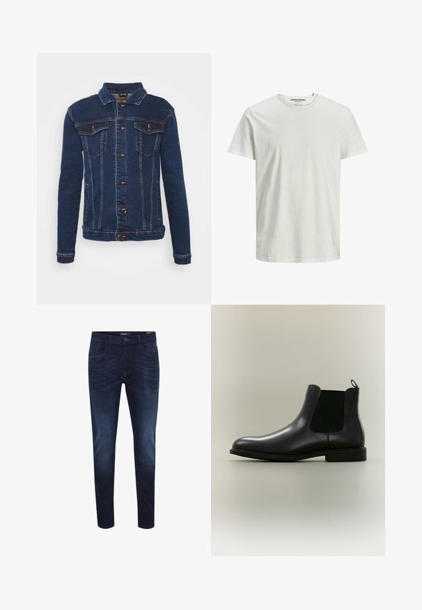 Denim Project DPMKASH DENIM JACKET - Chaqueta vaquera - dark blue; Camiseta blanca de manga corta hecha de algodón orgánico. Presenta un cuello redondo y un ajuste relajado, con una textura simple y suave.; Jeans de mezclilla azul oscuro con un corte slim, diseño de cinco bolsillos, sutil desgaste en la tela, cierre de botón y etiqueta con el logo en la parte trasera de la cinturilla.; Bota Chelsea de cuero negro con paneles laterales elásticos y una lengüeta en un fondo neutro, mostrada de perfil.