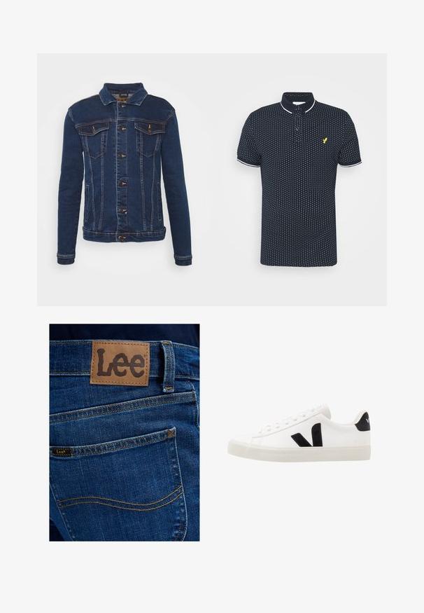 Denim Project DPMKASH DENIM JACKET - Denimová bunda - dark blue; Námornícky polo tričko s malým bielym bodkovaným vzorom, krátke rukávy, biele akcenty na golieri a manžetách a žlté logo na hrudi.; Pohľad zozadu na modré denimové džínsy s koženou nášivkou a malou textilnou štítkou, obe s názvom značky Lee nad zadným vreckom.; Biele kožené tenisky s čiernymi semišovými akcentmi; majú gumovú podrážku, okrúly špičku a klasický šnurovací dizajn. Na boku logo v čiernej farbe.