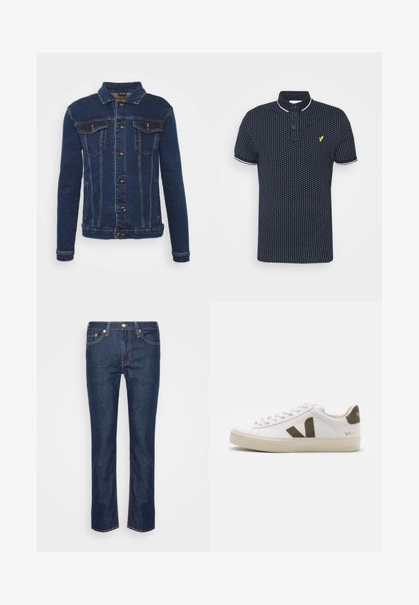 Denim Project DPMKASH DENIM JACKET - Spijkerjas - dark blue; Marineblauwe polo met een klein wit stippenpatroon, korte mouwen, witte accenten op de kraag en manchetten, en een gele logo op de borst.; Donkerblauwe rechte spijkerbroek met oranje stiksels, vijf zakken en een ritssluiting met knoop aan de voorkant.; Witte leren sneakers met een lichtbeige rubberen zool. Voorzien van een bruine suède V-logo en hieltab. Gespsluiting met een gestructureerd oppervlak.