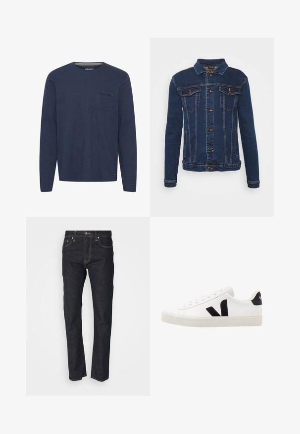 Denim Project DPMKASH DENIM JACKET - Jeansjacke - dark blue; Langärmliges navyblaues Hemd aus strukturiertem Stoff, mit einer Brusttasche und einem Rundhalskragen, der innen mit einem dezenten Streifen akzentuiert ist.; Dunkelblaue Jeans aus Denim mit geradem Schnitt, ausgestattet mit einem Knopfverschluss, fünf Taschen und goldenen Nähtelementen. Glatte Textur.; Weiße Leder-Sneaker mit schwarzen Wildlederelementen; verfügen über eine Gummisohle, eine runde Spitze und ein klassisches Schnürdesign. Seitliches Logo in Schwarz.