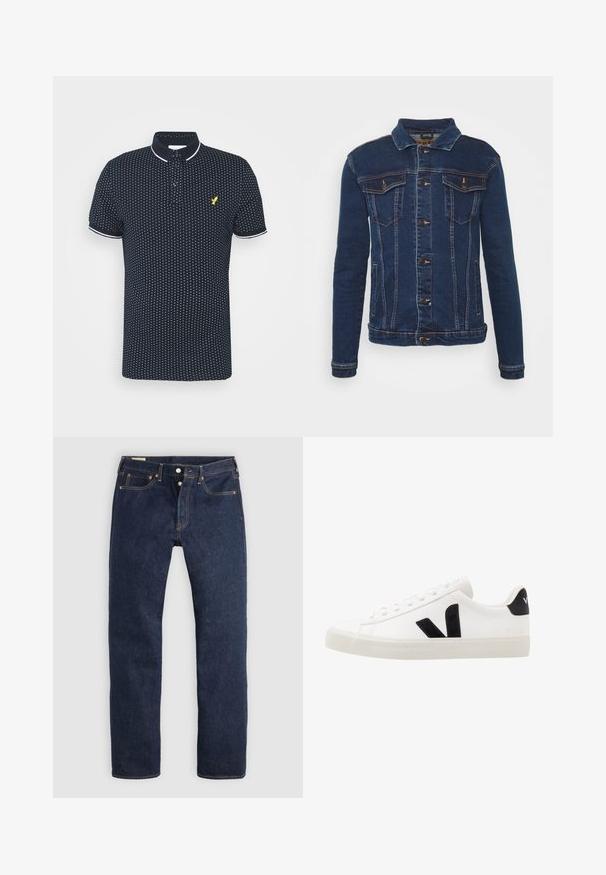Denim Project DPMKASH DENIM JACKET - Chaqueta vaquera - dark blue; Polo navy con un pequeño patrón de puntos blancos, mangas cortas, acentos blancos en el cuello y los puños, y un logo amarillo en el pecho.; Vaqueros azul oscuro de pierna recta con bragueta de botones, bolsillos delanteros y traseros, y costuras de contraste, dispuestos planos sobre un fondo claro.; Zapatilla de cuero blanca con acentos de ante negro; presenta una suela de goma, puntera redonda y un diseño clásico de cordones. Logo lateral en negro.