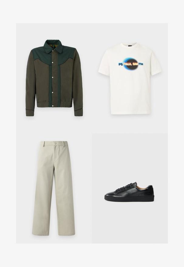 Grøn og brun jakke med trykknaplukning, krave og elastiske manchetter og nederdel. Har kontrasterende farvepaneler og subtil tekstur.; Hvid T-shirt med korte ærmer med en sløret sort cirkel og teksten "PS PAUL SMITH" i blå, gul, rød og sort på brystet.; Han Kjøbenhavn WIDE LEG - Bukser - light grey; Sorte lædersneakers med en glat overflade, rund tå og snørebåndslukning. Har en tyk gummisål og minimal branddetalje.