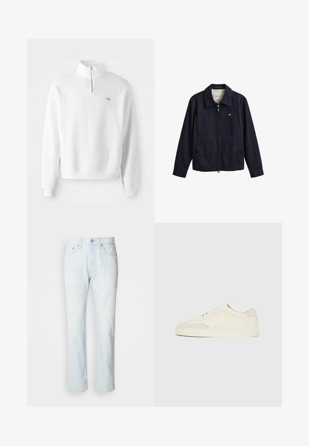 Veste zippée bleu marine avec col, deux poches avant et petit logo brodé sur la poitrine, étiquetée GANT à l'intérieur du col.; Sweatshirt blanc avec col zippé à mi-hauteur, manches longues et poignets côtelés. Présente un petit logo sur la poitrine et un design à coupe décontractée.; Jean en denim bleu clair avec une coupe droite. Présente une fermeture à bouton et des passants de ceinture, mettant en valeur une texture décolorée et des coutures minimalistes.; Baskets en daim blanc à finition lisse, embout rond, design lacé plat, avec des accents texturés contrastants. Comprend un détail de logo subtil.