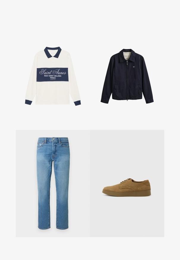 Mørkeblå lynlåstrøje med krave, to forlommer og lille broderet logo på brystet, mærket GANT inde i kraven.; Langærmet polo shirt, creme og marineblå, i en bomuldsblanding. Har et marineblåt bånd med hvid tekst og en klassisk krave med marineblå kant.; Lyseblå denim jeans med lige pasform, midt talje og subtile falmende detaljer på stoffet. Klassisk fem-lommer design.; Brun ruskindslærredsko med snørebånd og flad gummisål, set fra siden på en ensfarvet lys baggrund.