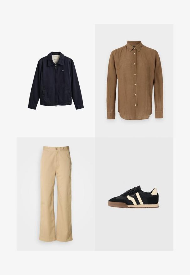 Veste zippée bleu marine avec col, deux poches avant et petit logo brodé sur la poitrine, étiquetée GANT à l'intérieur du col.; Chemise marron à manches longues avec col, boutons blancs et logo subtil sur le côté gauche de la poitrine, présentée sur un fond blanc.; Pantalon large beige en mélange coton. Fermeture par bouton et passants de ceinture. Texture lisse, avec des détails de couture minimaux.; Sneakers en suédine noire avec des accents beige, dotées d'une semelle en caoutchouc, de lacets plats et d'un design élégant à rayures sur les côtés.