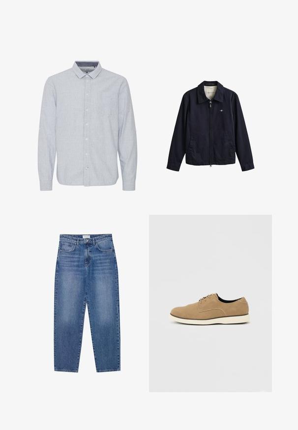 Veste zippée bleu marine avec col, deux poches avant et petit logo brodé sur la poitrine, étiquetée GANT à l'intérieur du col.; Chemise bleu clair à manches longues avec des rayures verticales blanches, col, poche poitrine simple et option de manches retroussées. Tissu en coton.; Jean en denim bleu avec une taille haute, une coupe droite et une finition délavée. Comprend cinq poches et une fermeture à bouton.; Chaussure à lacets en daim marron clair avec semelle blanche et coupe basse à la cheville, vue de profil sur un fond neutre.